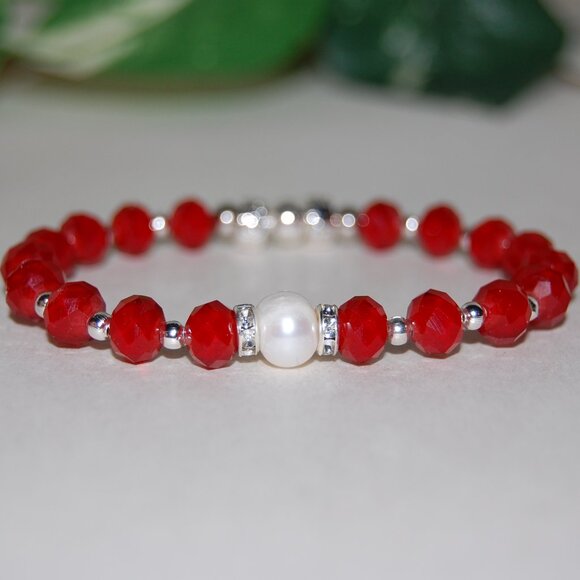 Freshwater Pearl Bracelet,Red Bracelet,Pearl and Red Glass Beads Bracelet - Picture 2 of 4